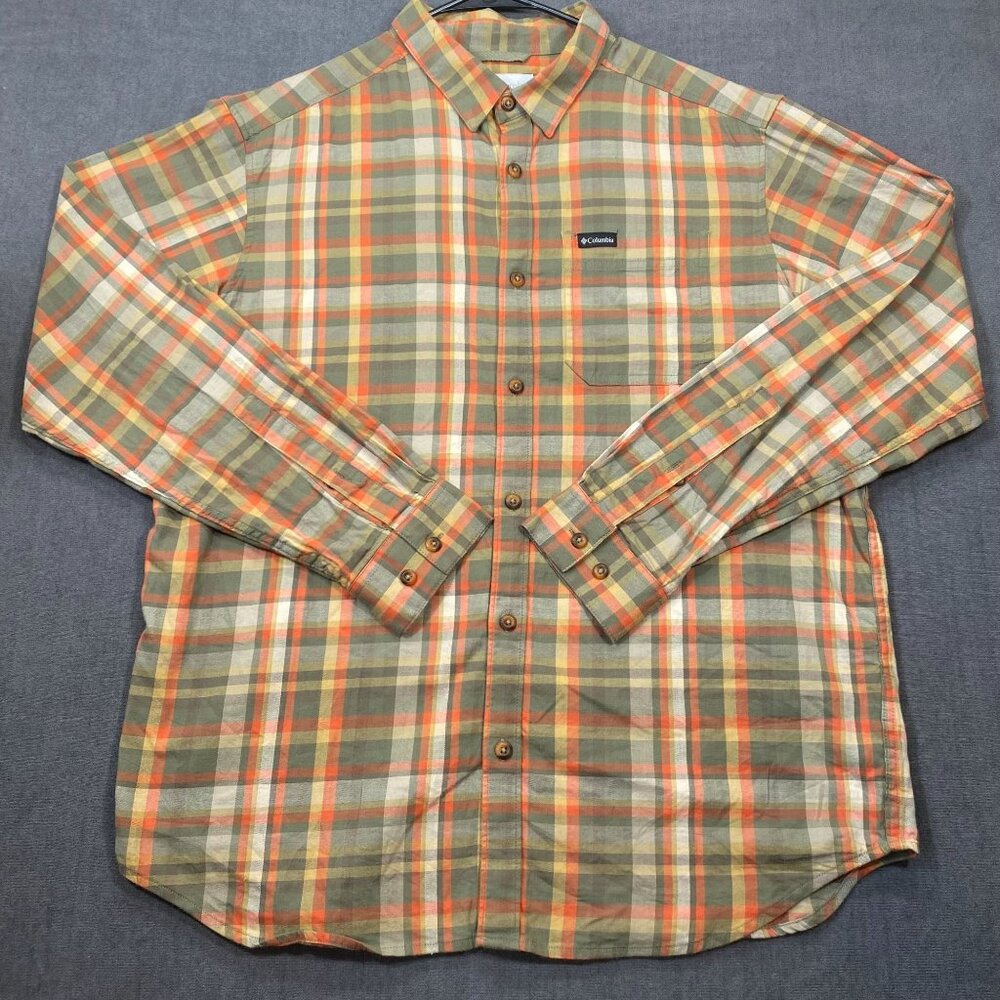 Columbia Mens Plaid Button-Up Shirt Size L Long Sleeve Green/Orange Casual Wear